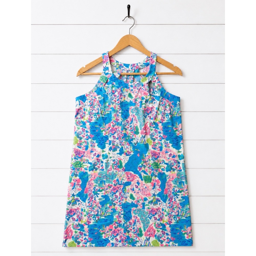 Anthony's‎ Resort Wear Blue Pink Coastal Print Halter Shift Dress 1X Plus Size